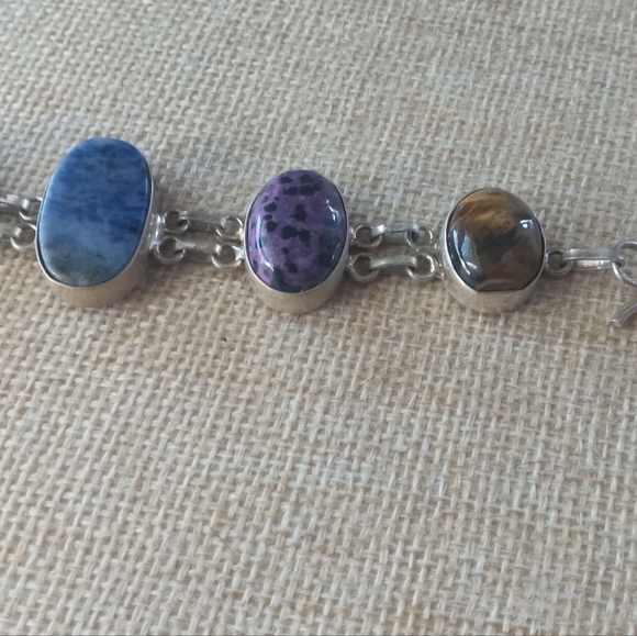 Sterling Silver Vintage Multi -Stone Tiger Eye, Sodalite Bracelet - Picture 9 of 12